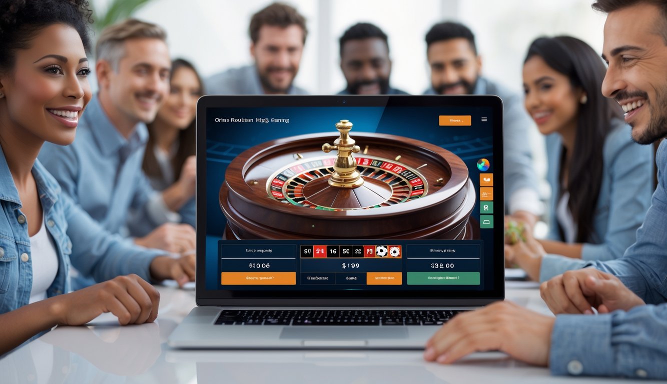 Beberapa orang dengan latar belakang berbeda sedang bermain roulette online di komputer di ruangan yang terang dan nyaman.
