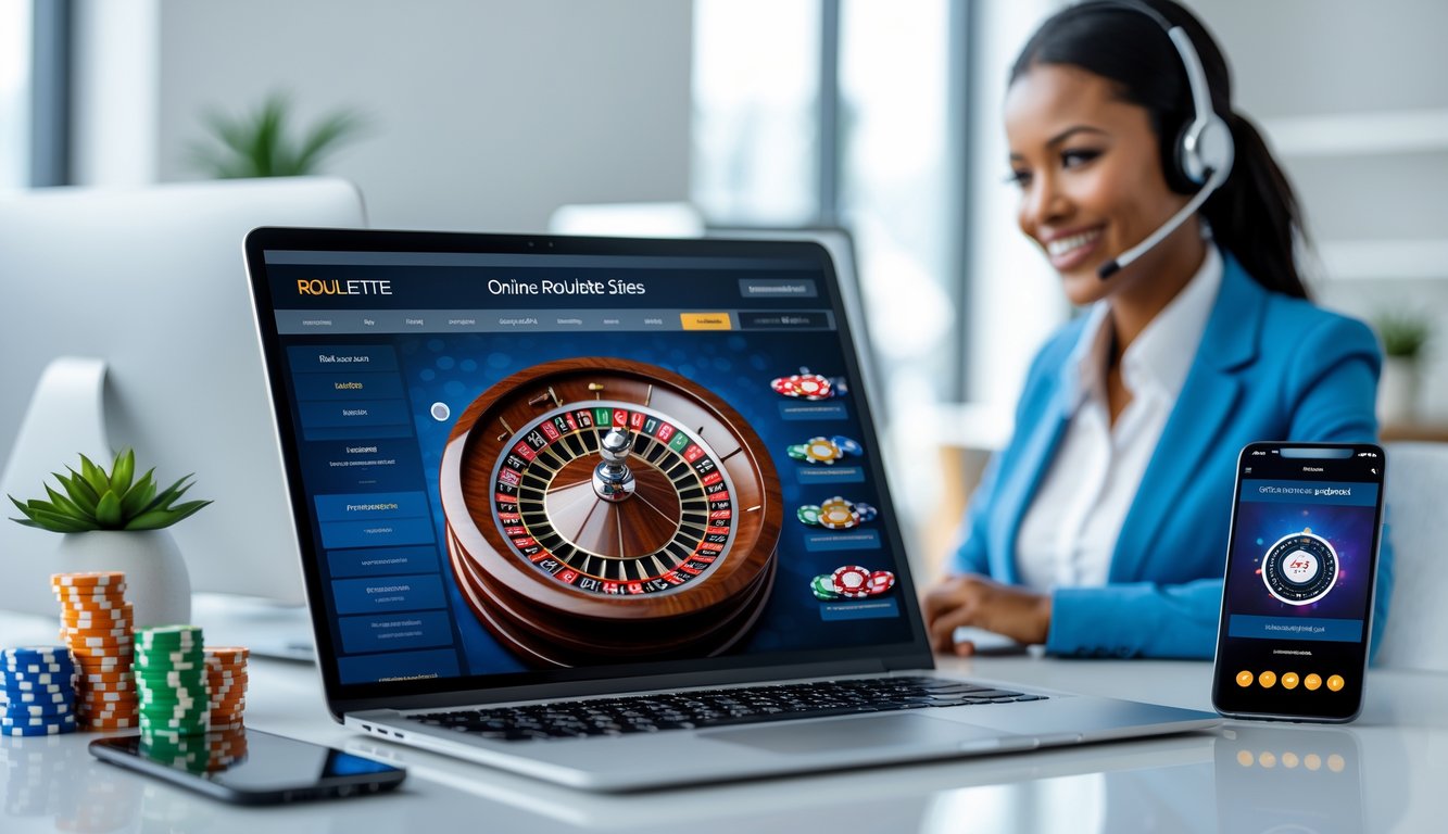 Seorang perwakilan layanan pelanggan tersenyum di belakang meja dengan laptop yang menampilkan roda roulette dan ponsel dengan tampilan obrolan langsung.