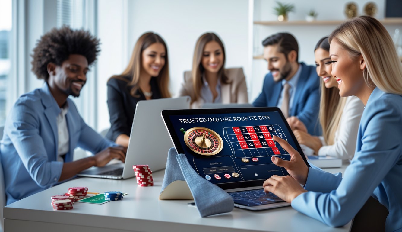 Beberapa orang sedang menggunakan perangkat digital dengan tampilan permainan roulette online di sebuah ruangan yang terang dan rapi.