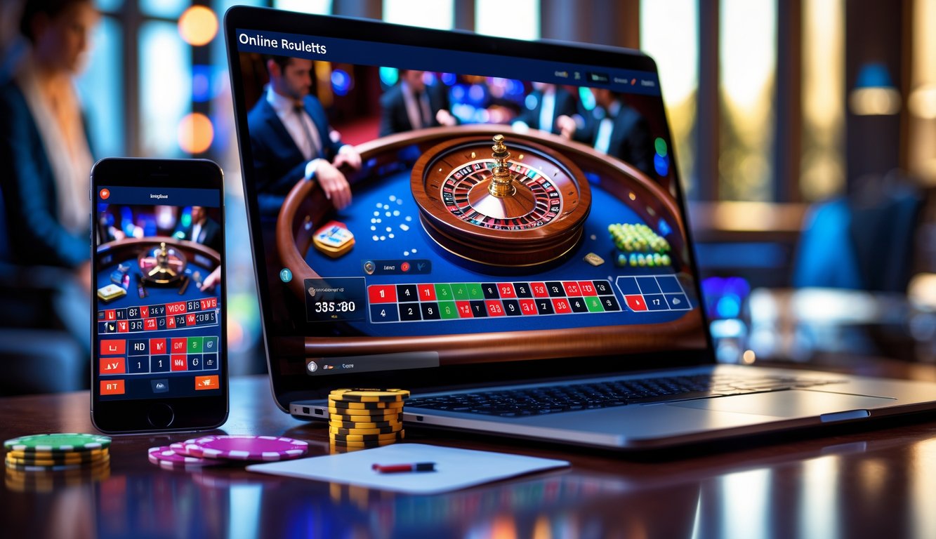 Seorang dealer kasino langsung di depan laptop dan ponsel menampilkan permainan roulette online dengan roda roulette dan meja taruhan terlihat jelas.