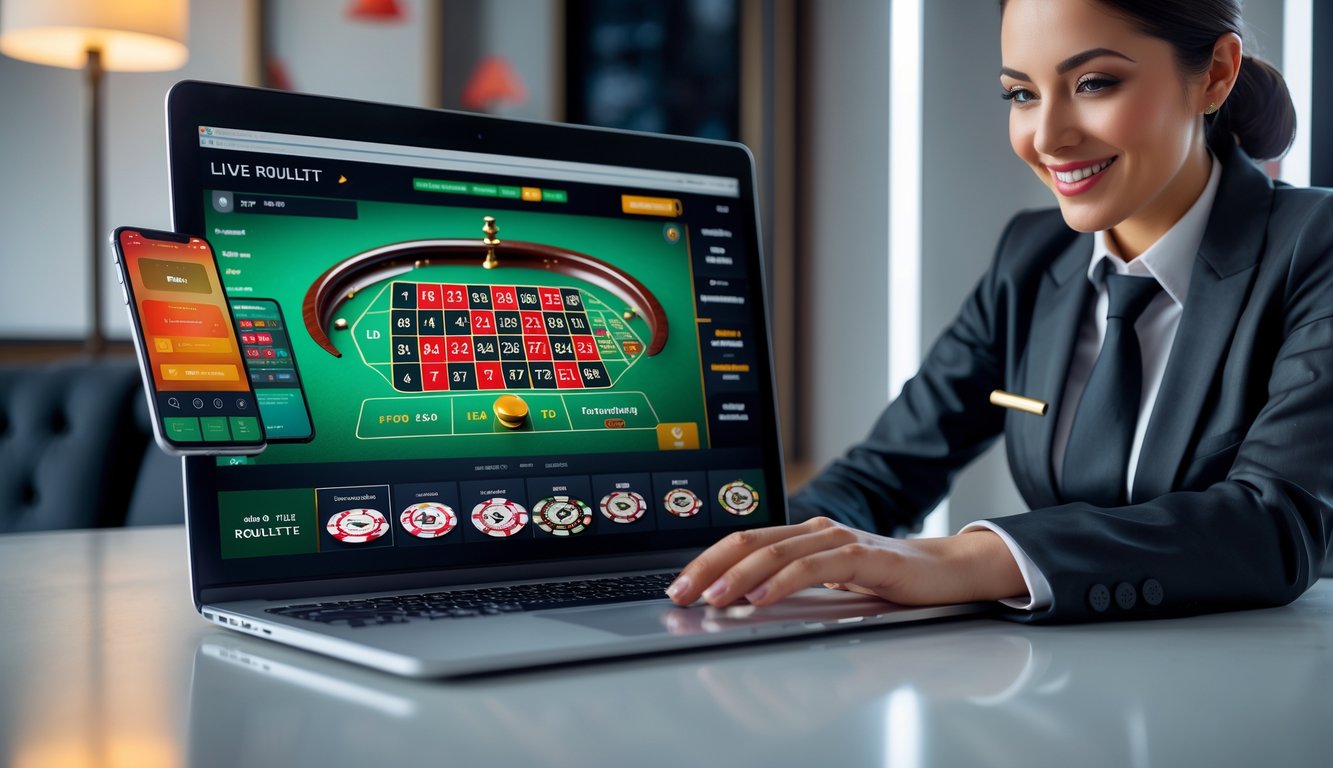 Seorang dealer live profesional dengan laptop dan ponsel yang menampilkan permainan roulette online di meja bersih dalam ruangan yang terang.