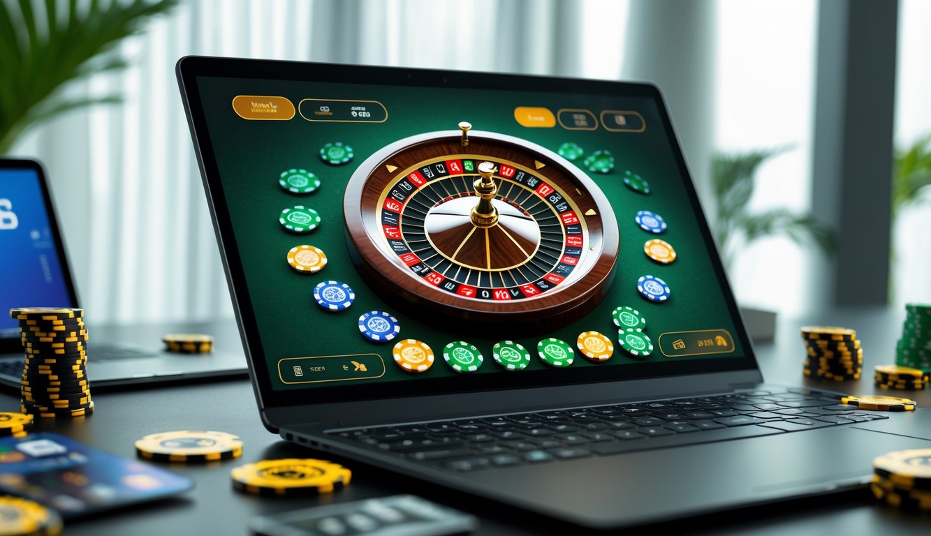 Sebuah meja kerja dengan komputer menampilkan roda roulette online dan simbol pembayaran digital di sekitarnya.