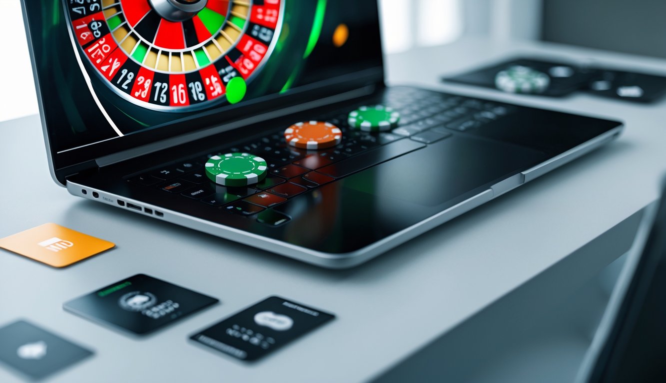 Sebuah meja modern dengan komputer menampilkan roda roulette online dan ikon metode pembayaran digital di sekitarnya.