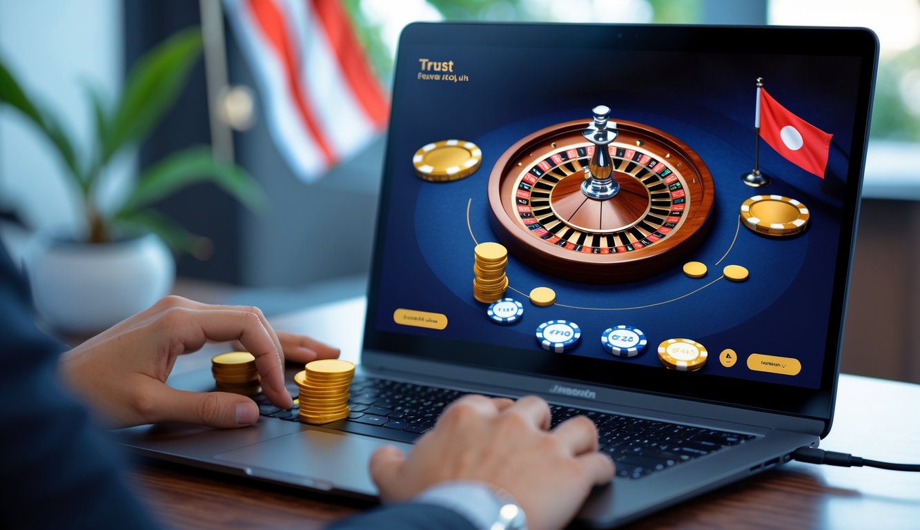 Tampilan meja roulette online dengan layar komputer dan chip taruhan, dikelilingi elemen budaya Indonesia, menunjukkan pengalaman judi online yang aman dan terpercaya.