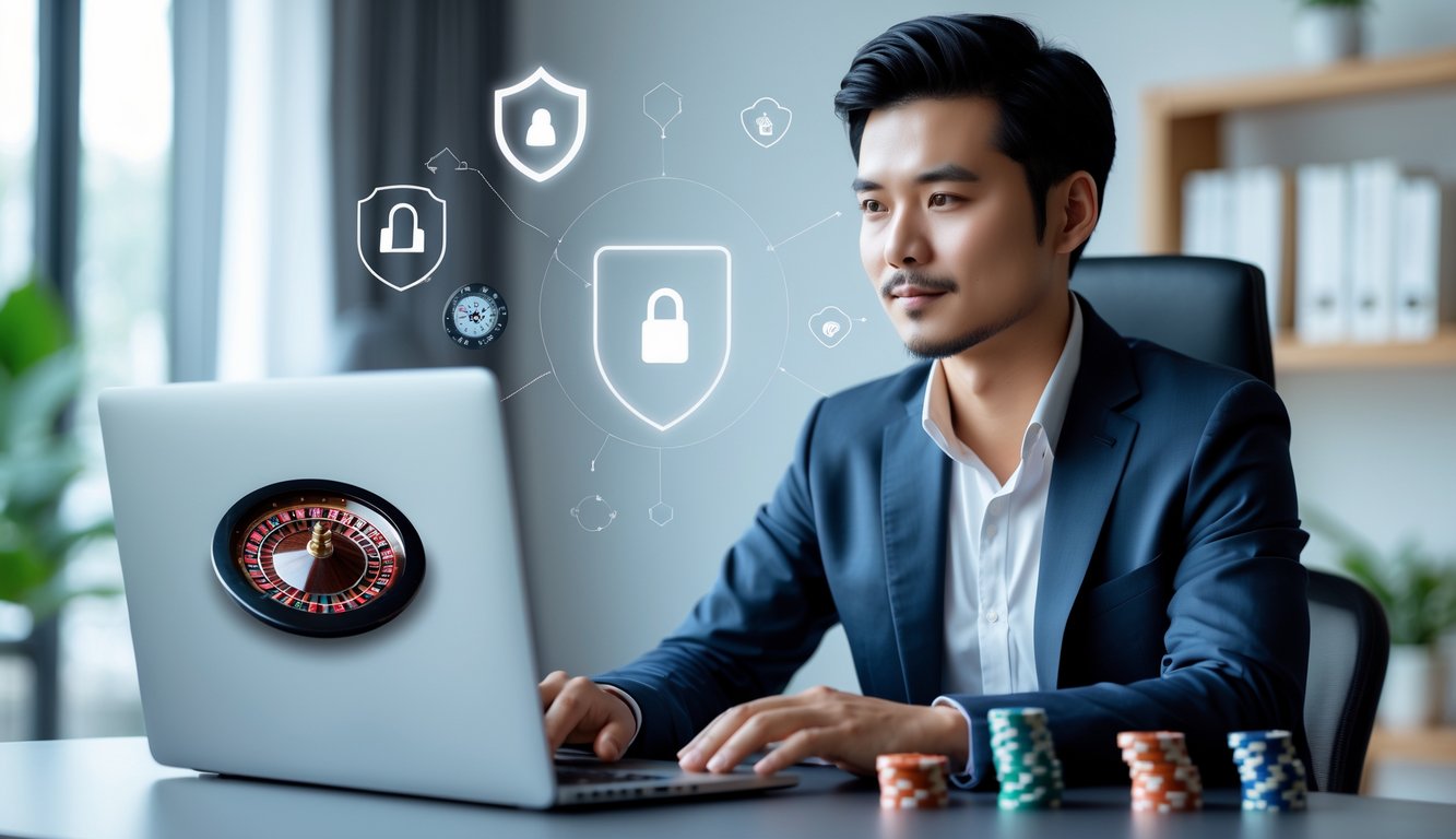 Seorang pria duduk di depan laptop dengan gambar roda roulette dan chip kasino di layar, di ruang kerja yang rapi dan terang.
