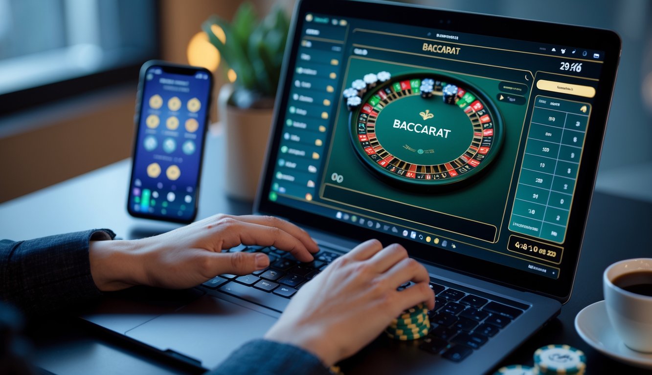 Seseorang bermain baccarat online dengan laptop dan chip di meja, suasana tenang dan aman.