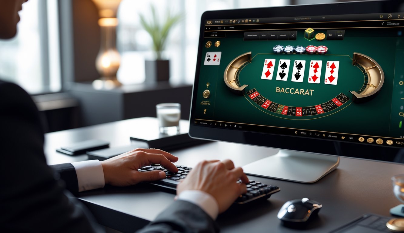Sebuah meja kerja modern dengan layar komputer menampilkan permainan baccarat online, tangan seseorang sedang menggunakan mouse dan keyboard.