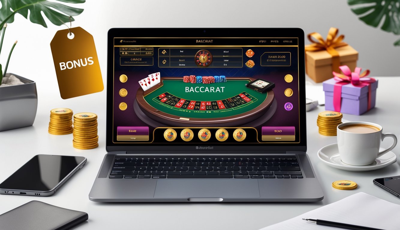 Sebuah meja kerja modern dengan komputer yang menampilkan permainan baccarat online, dikelilingi oleh chip kasino dan elemen yang menunjukkan bonus dan promosi.