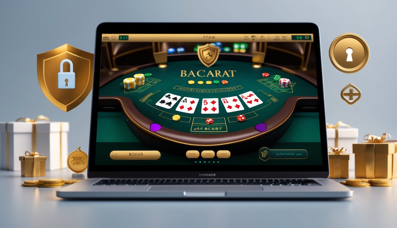 Sebuah meja dengan komputer menampilkan permainan baccarat online, dikelilingi simbol keamanan dan hadiah promosi dalam suasana modern dan profesional.