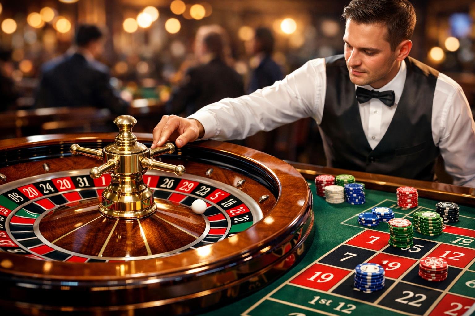 A Roulette Wheel With A White Ball On A Numbered Slot, Chips On The Betting Table, And A Dealer Spinning The Wheel In A Casino Setting.