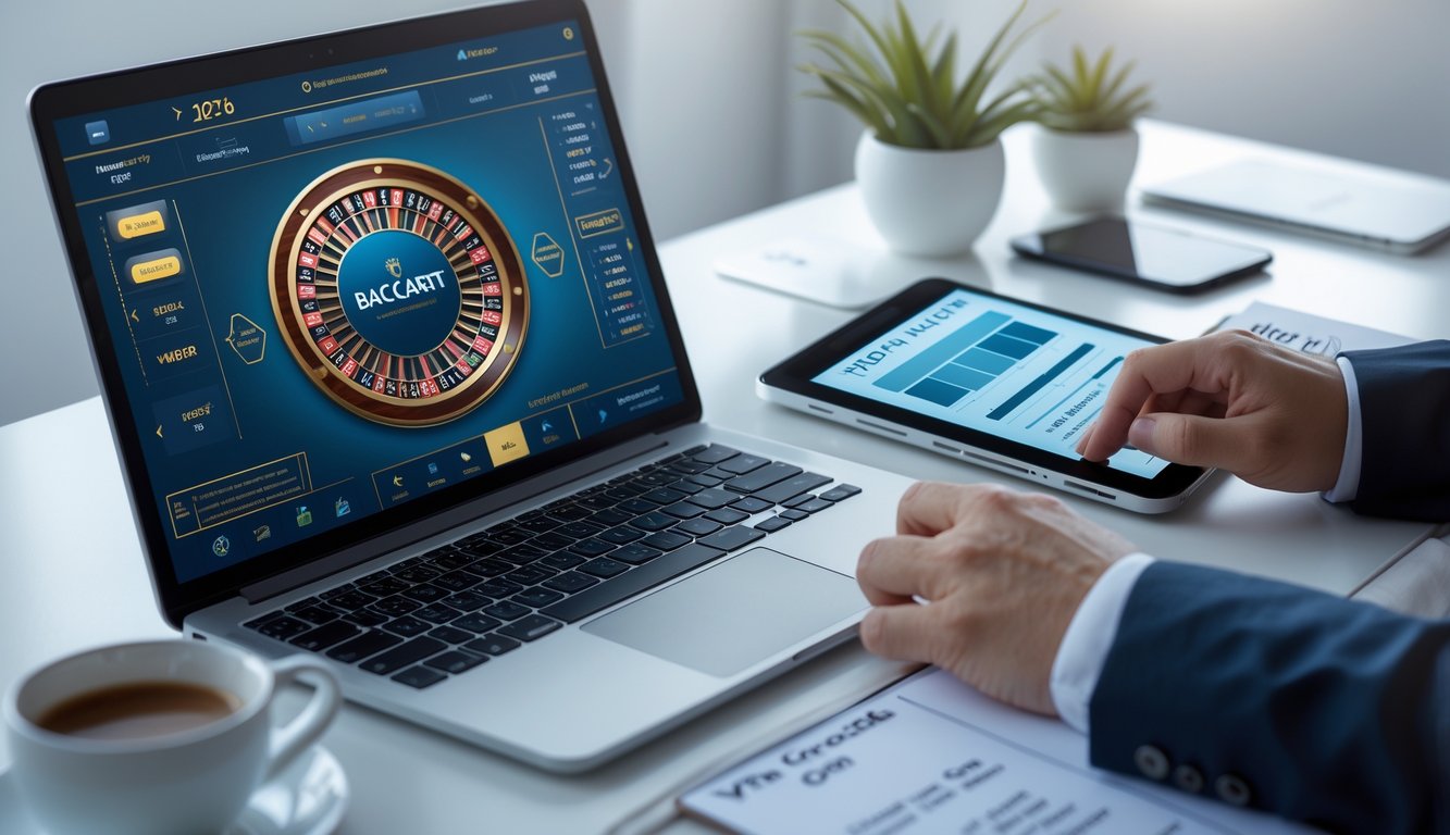 Meja kerja modern dengan laptop yang menampilkan permainan baccarat online, tangan seseorang sedang menganalisis data pada tablet, di sekitar terdapat kopi, smartphone, dan catatan, menunjukkan suasana kerja yang fokus dan profesional.
