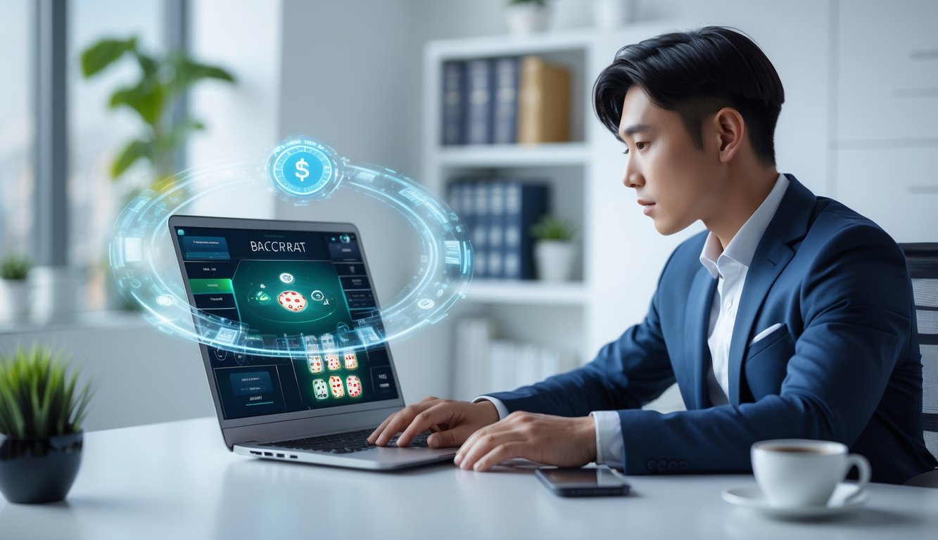 Seorang pria muda duduk di meja dengan laptop, melihat layar permainan baccarat online di kantor yang terang dan rapi.