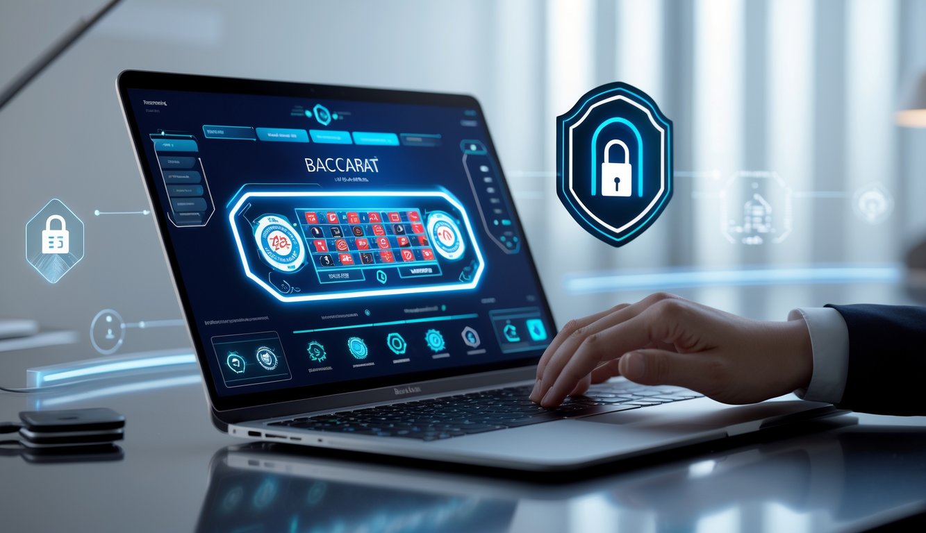 Seseorang menggunakan perangkat digital untuk bermain baccarat online dengan simbol keamanan dan transaksi cepat di latar belakang.