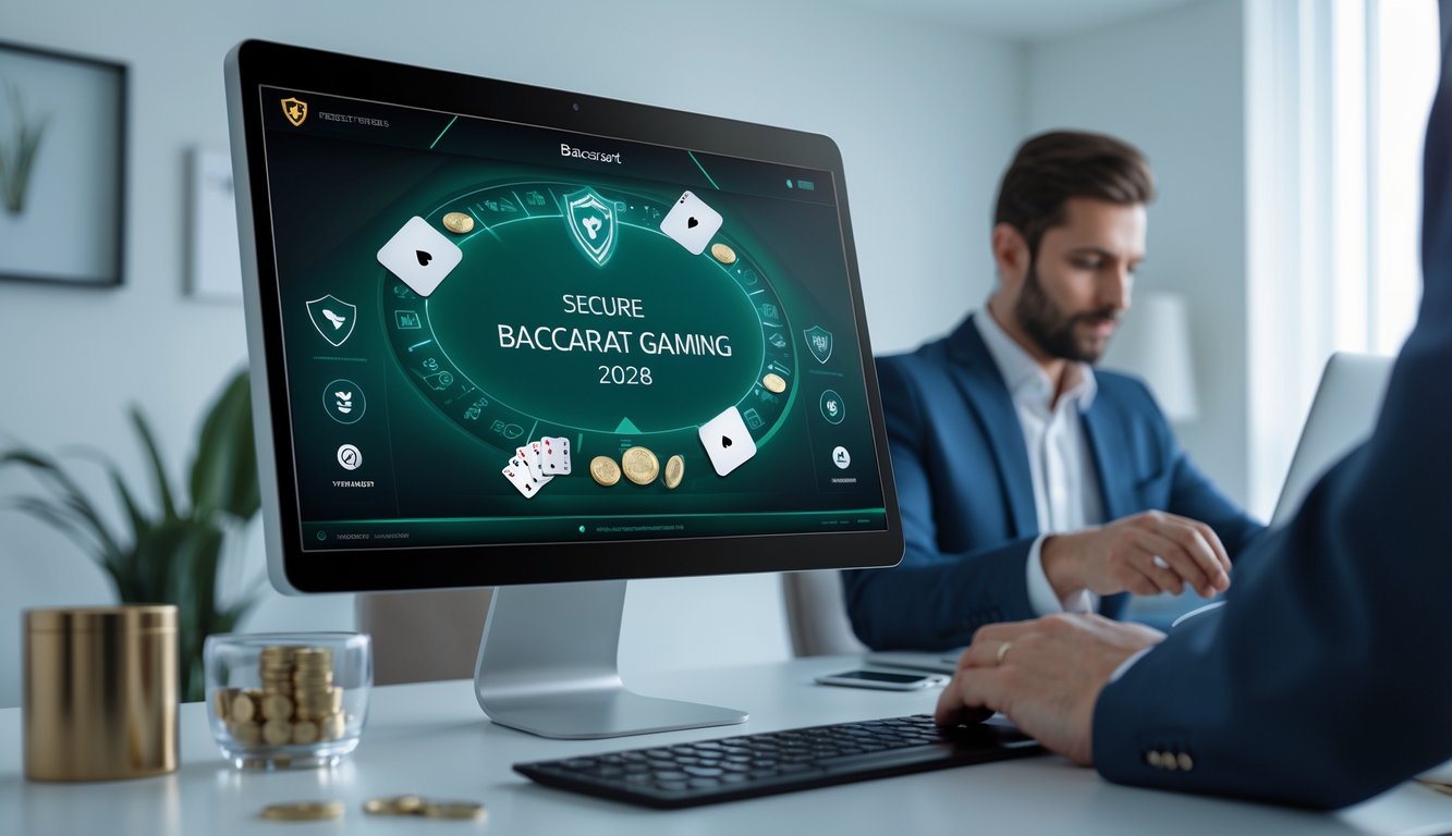 Seorang pengguna sedang bermain baccarat online dengan perangkat digital di ruang kerja yang bersih dan terang, menampilkan elemen keamanan dan transaksi cepat.