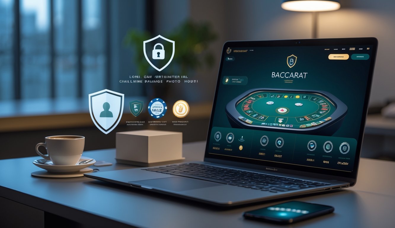 Suasana meja kerja modern dengan laptop yang menampilkan permainan baccarat online dan simbol keamanan di latar belakang.