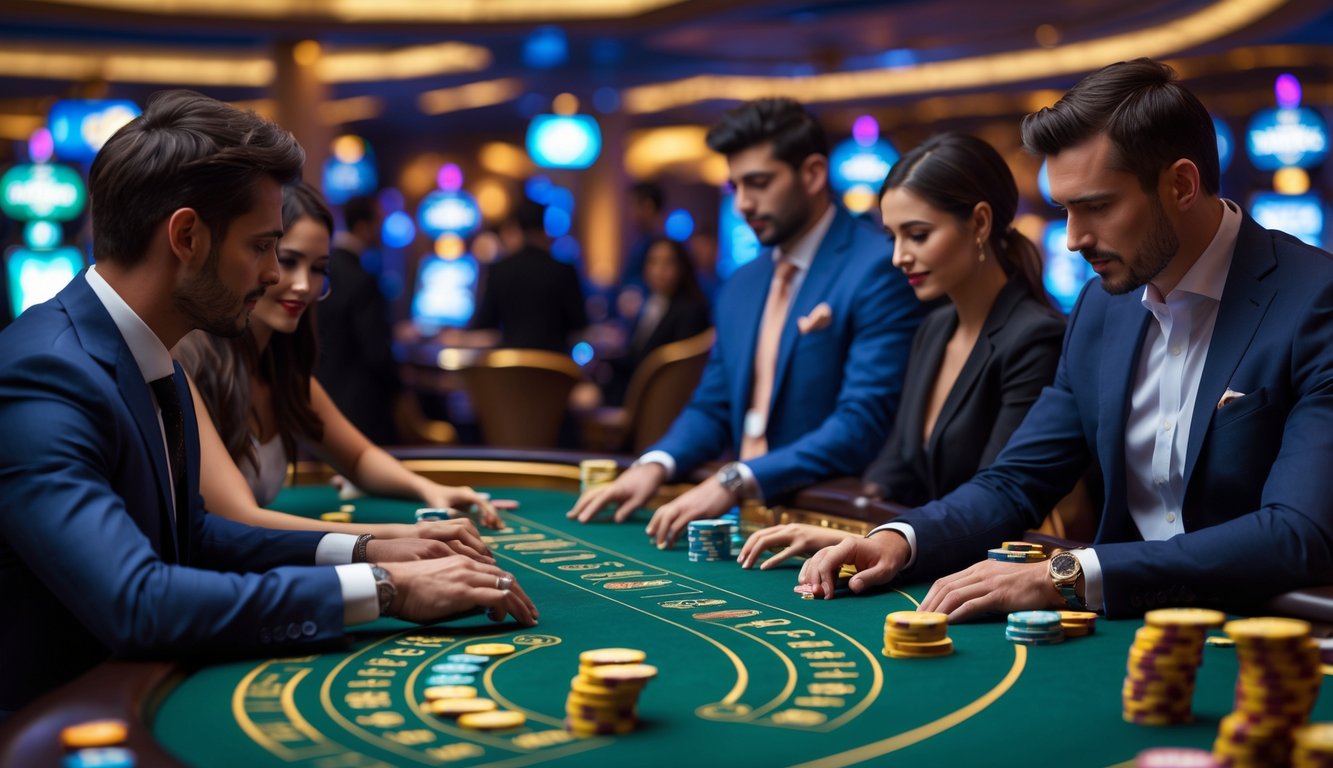 Beberapa pemain berpakaian rapi sedang bermain baccarat di meja kasino dengan suasana yang tenang dan fokus.