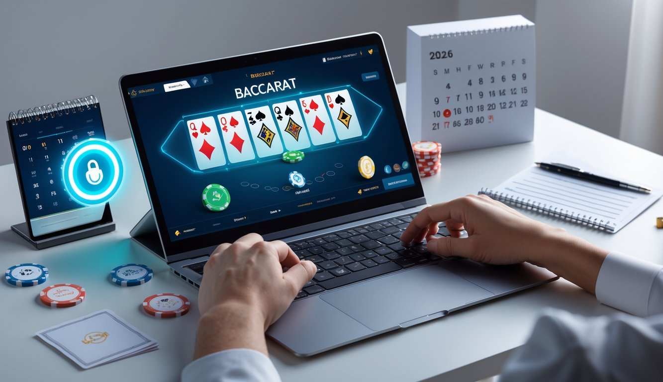 Seorang pemain sedang menggunakan komputer untuk bermain baccarat online dengan tampilan kartu dan chip di layar.