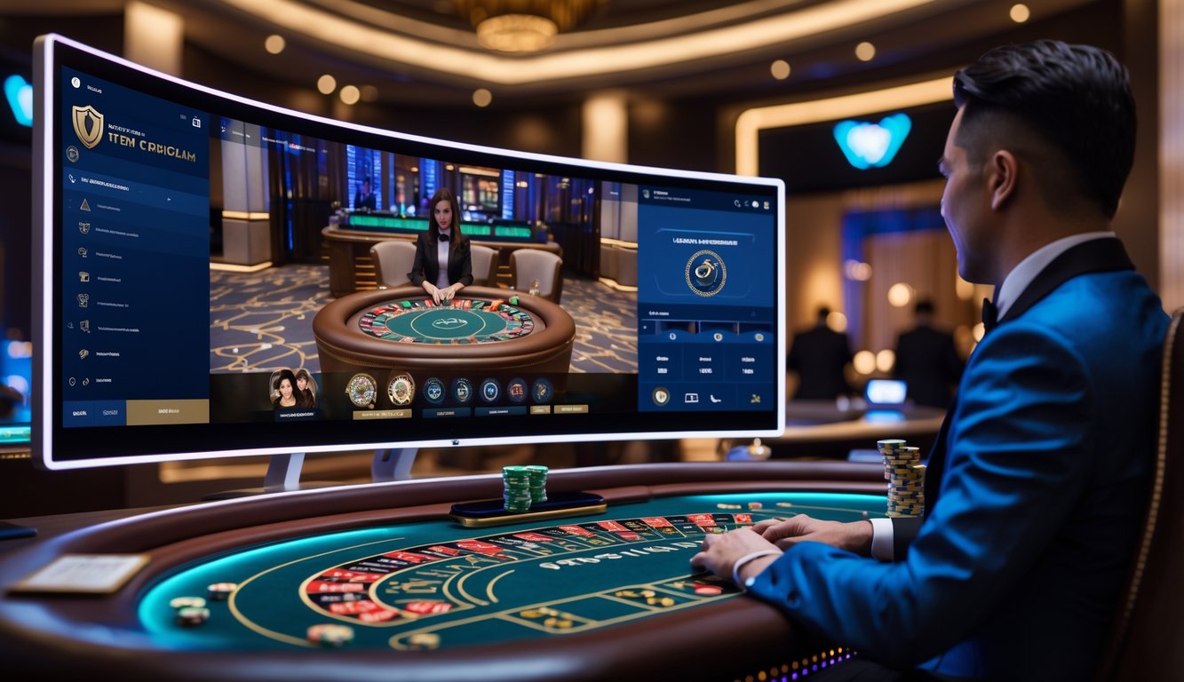 Seorang dealer profesional sedang menjalankan permainan baccarat online dengan tampilan meja dan kartu di layar komputer.