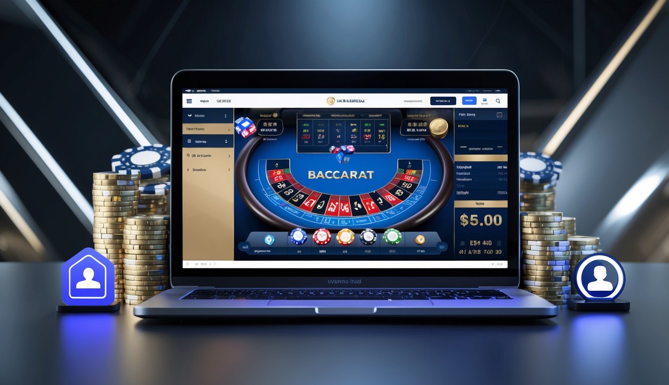Sebuah layar komputer menampilkan permainan baccarat online dengan dealer langsung dan tampilan jackpot besar, dikelilingi ikon keamanan digital dan fitur interaktif.