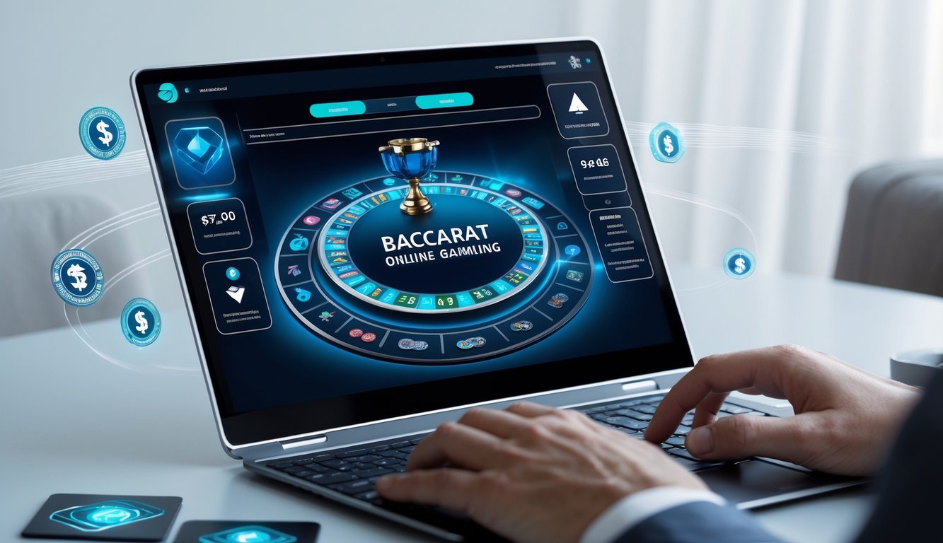 Sebuah perangkat modern menampilkan platform baccarat online dengan simbol transaksi cepat dan mudah.