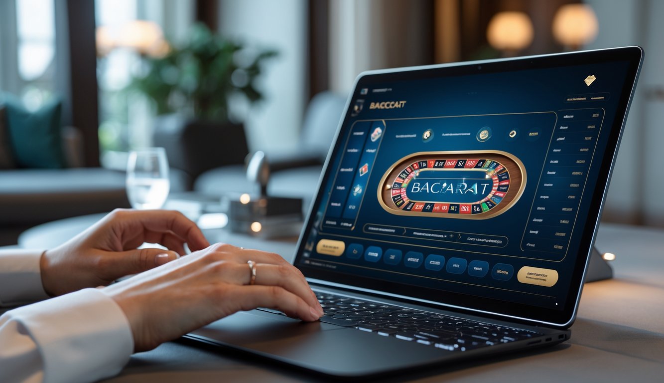 Seseorang menggunakan perangkat digital untuk bermain baccarat online dengan latar belakang ruangan modern yang terang.