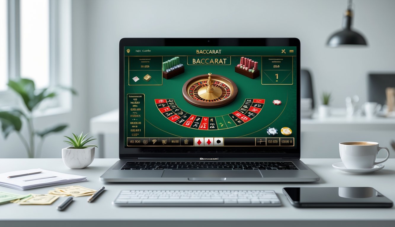 Sebuah meja kerja dengan komputer yang menampilkan permainan baccarat online, dikelilingi oleh alat tulis dan secangkir kopi di ruang kerja yang rapi dan terang.