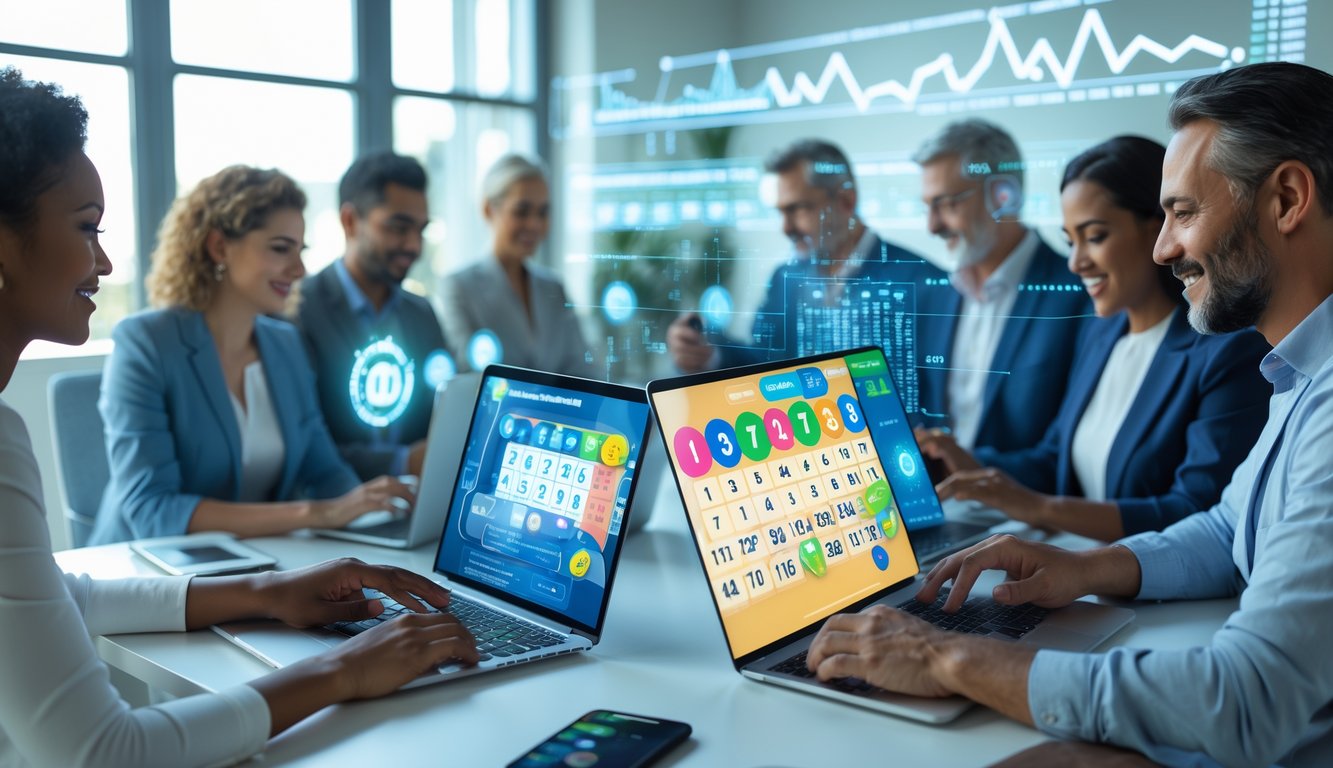 Beberapa orang dewasa menggunakan perangkat digital di lingkungan modern yang menunjukkan aktivitas bermain togel online dengan suasana yang aman dan terpercaya.