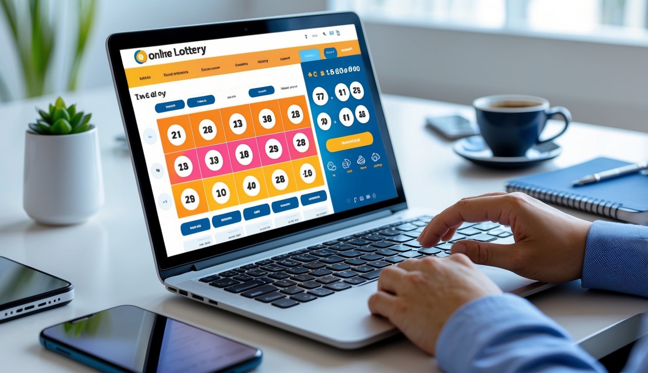 Seseorang menggunakan laptop di meja kerja dengan layar menampilkan situs togel online, dikelilingi oleh cangkir kopi, ponsel, dan buku catatan.