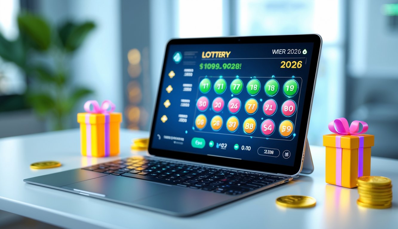 Sebuah laptop di meja dengan tampilan angka lotere dan elemen promosi di sekitarnya dalam ruang kerja yang terang dan modern.