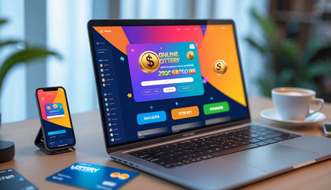Seorang pengguna duduk di depan laptop dengan tampilan situs togel online berwarna-warni, dikelilingi oleh smartphone dan kartu kredit di meja kerja yang rapi.