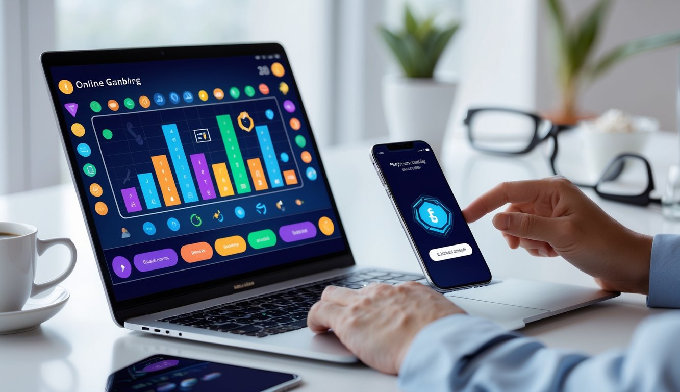 Seseorang menggunakan laptop dan ponsel di meja kerja modern dengan tampilan antarmuka taruhan online dan suasana profesional.