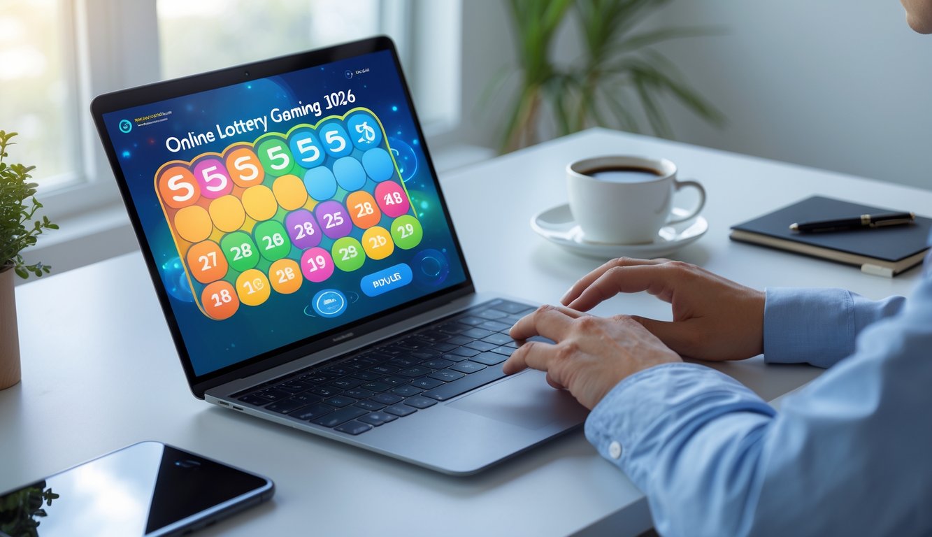 Seseorang menggunakan laptop di meja kerja dengan tampilan antarmuka permainan togel online, dikelilingi oleh smartphone, cangkir kopi, dan buku catatan.
