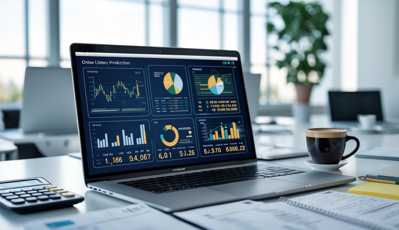 Meja kerja modern dengan laptop yang menampilkan grafik dan data angka, dilengkapi dengan catatan, kalkulator, dan cangkir kopi di ruang kantor yang terang.