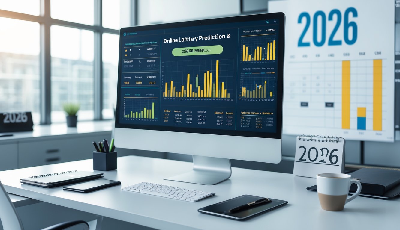 Sebuah ruang kerja modern dengan komputer menampilkan grafik dan data prediksi togel, meja rapi dengan alat tulis dan kopi di kantor yang terang.