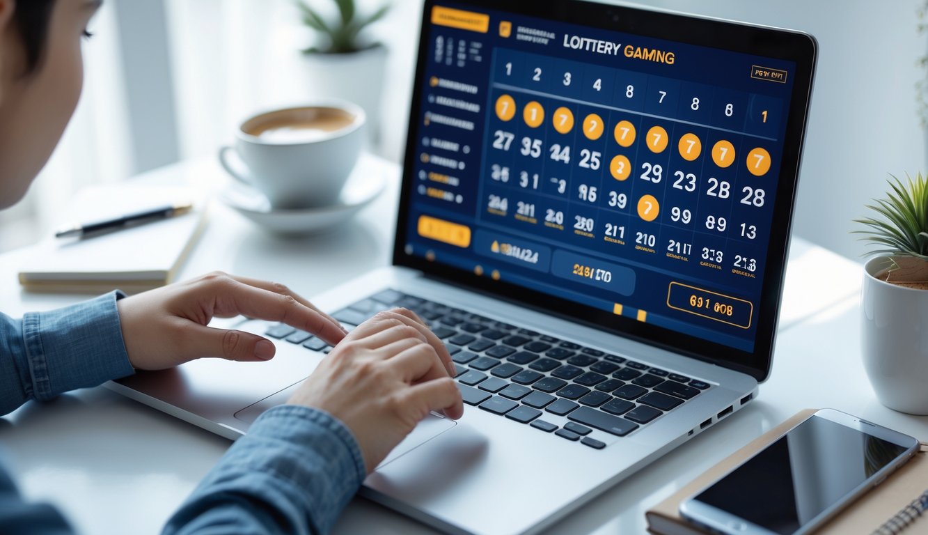 Orang sedang menggunakan laptop di meja kerja dengan layar menampilkan antarmuka permainan togel online, dikelilingi oleh cangkir kopi, ponsel, dan buku catatan.