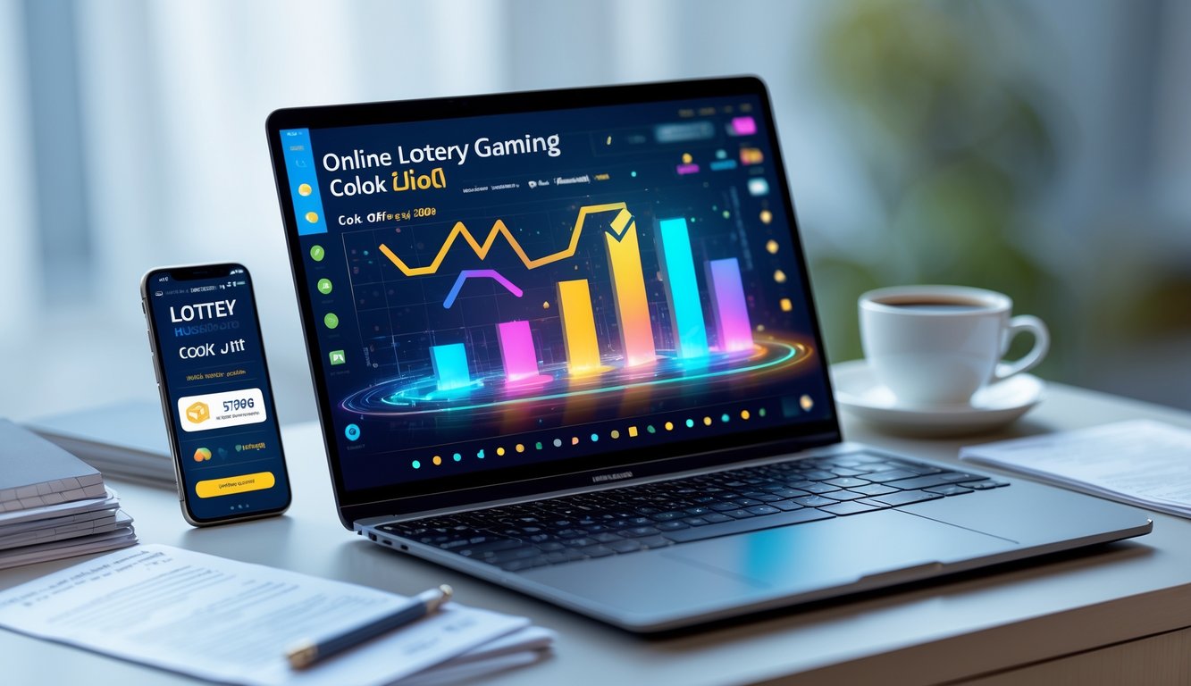 Meja kerja dengan laptop yang menampilkan antarmuka digital, ponsel dengan aplikasi lotere, catatan, dan secangkir kopi dalam suasana tenang dan fokus.