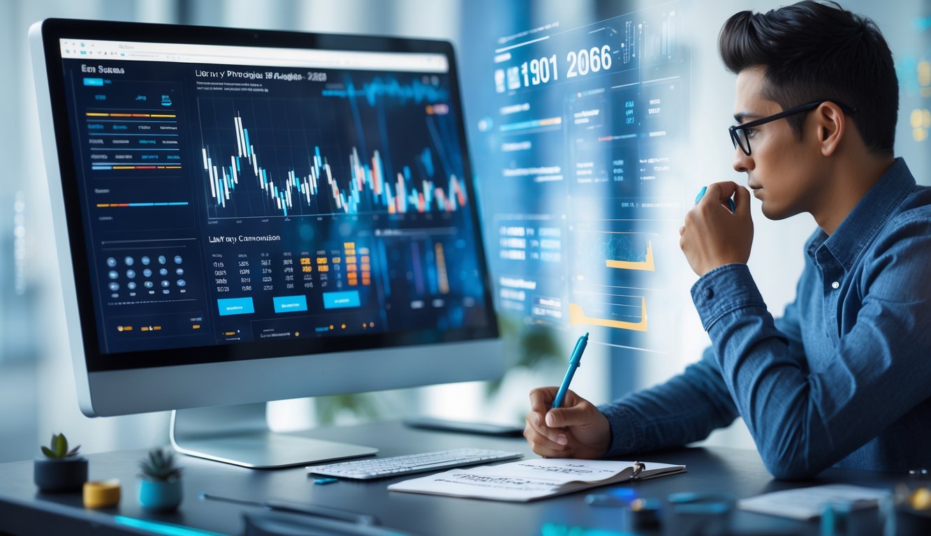 Seseorang sedang menganalisis data togel online di depan komputer dengan catatan dan grafik di meja kerja.