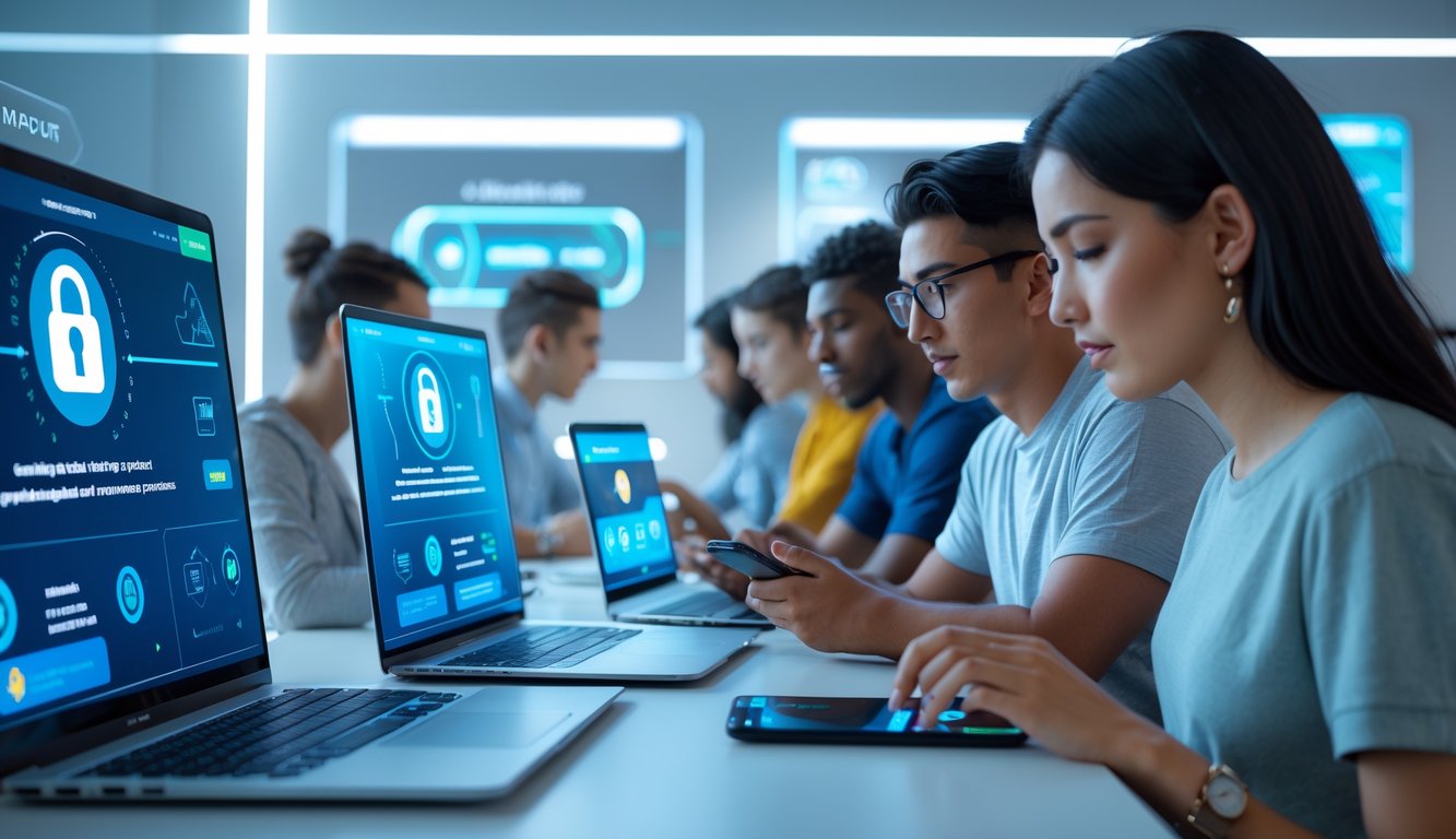 Sekelompok orang muda menggunakan laptop dan ponsel di ruangan modern dengan tampilan layar digital yang menunjukkan transaksi online yang cepat dan aman.