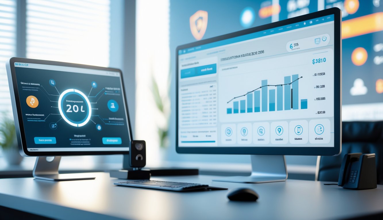 Seorang profesional menggunakan komputer di meja kerja dengan tampilan antarmuka transaksi online yang aman dan cepat.