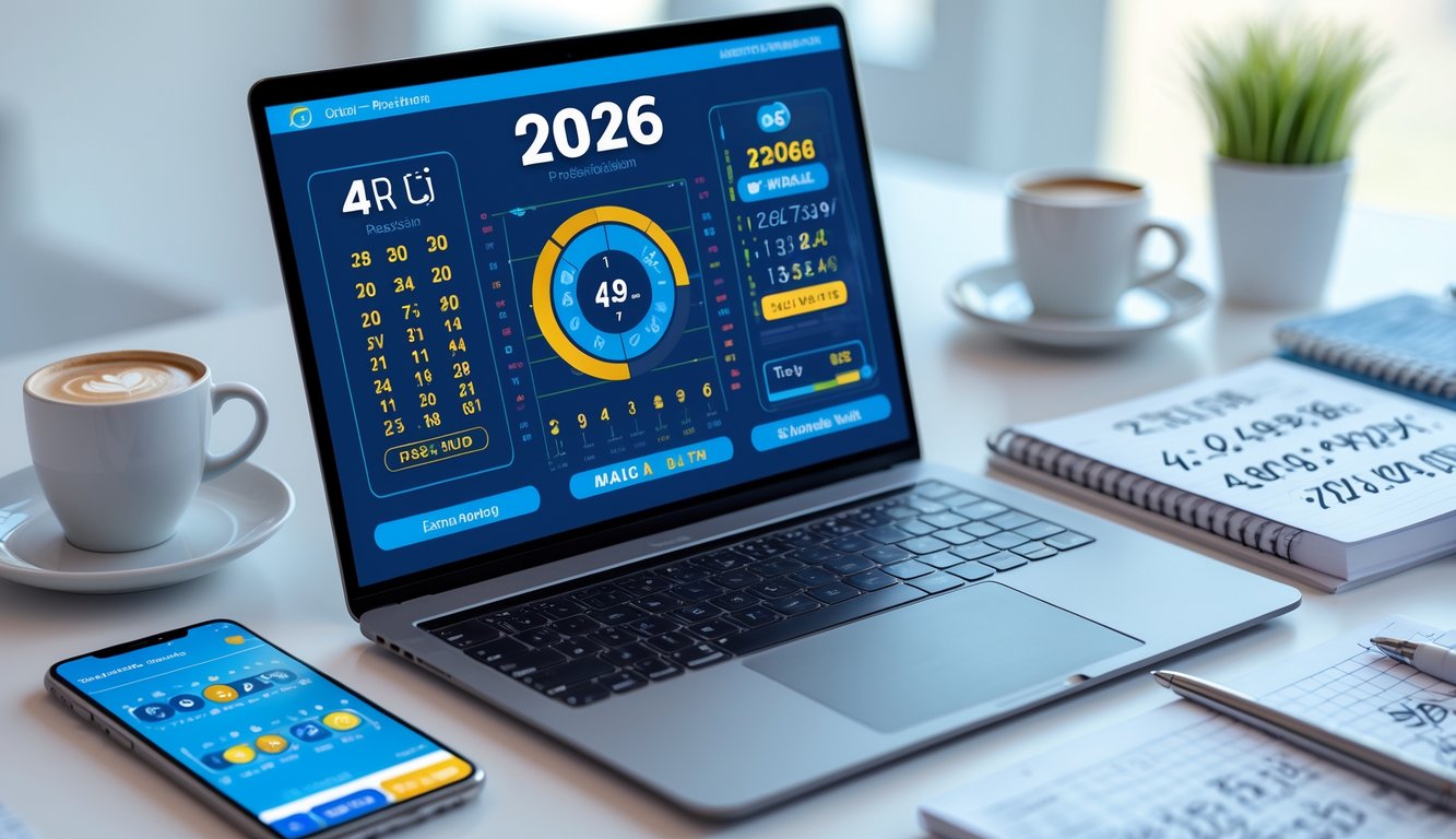 Meja kerja dengan laptop yang menampilkan data prediksi angka togel, smartphone, cangkir kopi, dan alat tulis di lingkungan kantor yang terang.