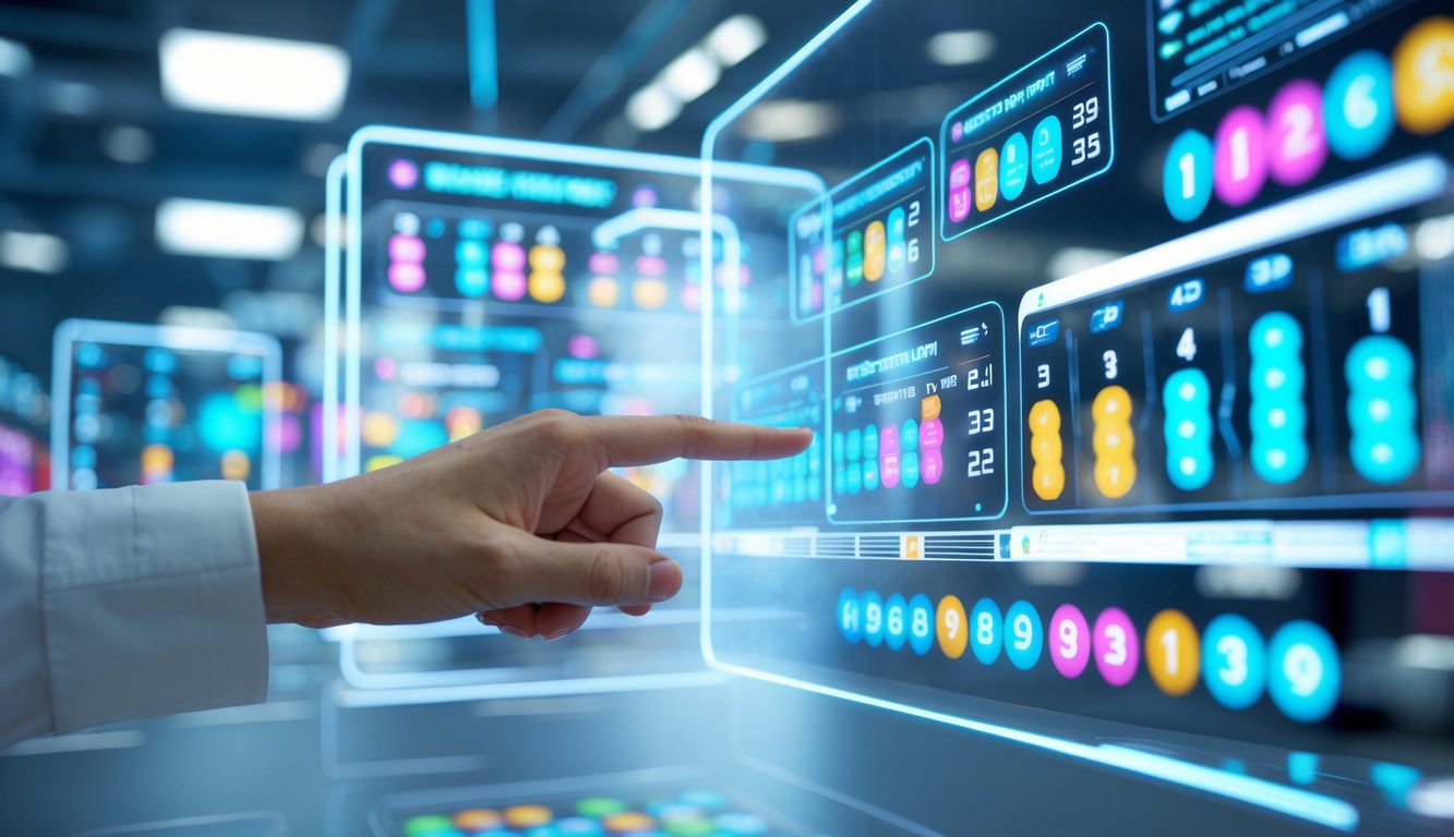 Tangan yang menunjuk layar holografik dengan angka dan grafik prediksi togel di lingkungan kerja teknologi modern.