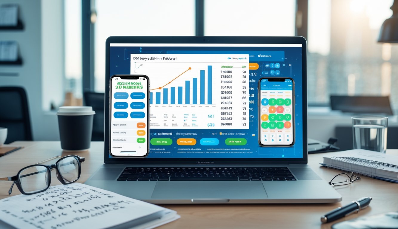 Meja kerja dengan laptop, ponsel, dan catatan yang menunjukkan aktivitas prediksi angka togel online 3D.