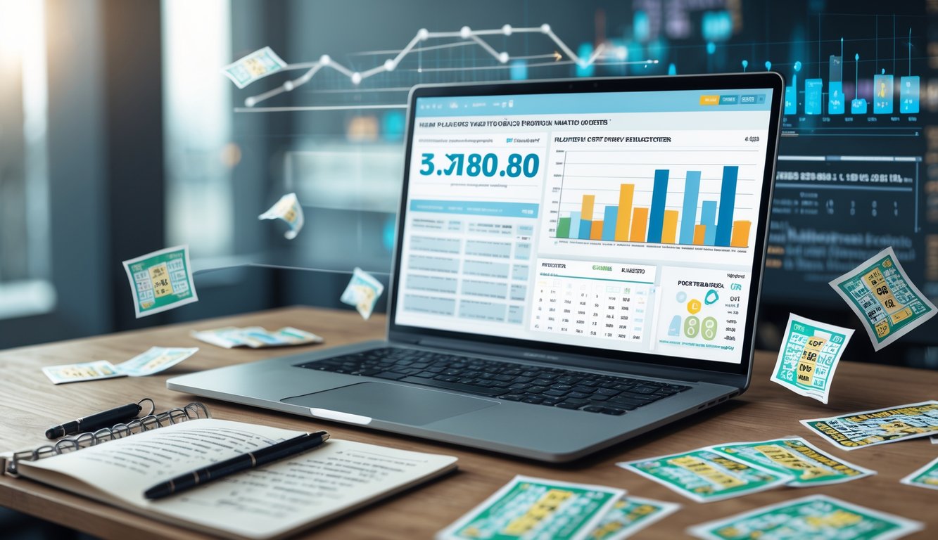 Meja kerja dengan laptop yang menampilkan data angka, tiket lotre, dan buku catatan di bawah pencahayaan alami.