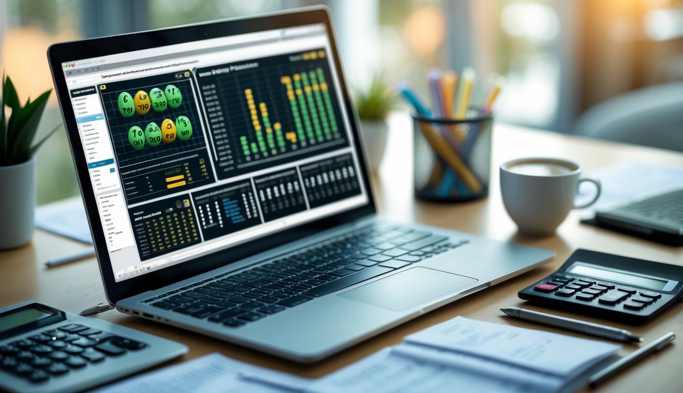 Meja kerja dengan laptop yang menampilkan data prediksi togel 3D, catatan, kalkulator, dan secangkir kopi.