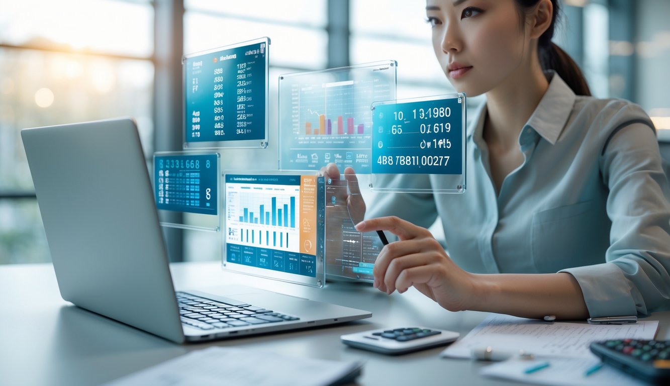 Seseorang sedang fokus menganalisis data numerik di layar digital di kantor modern.