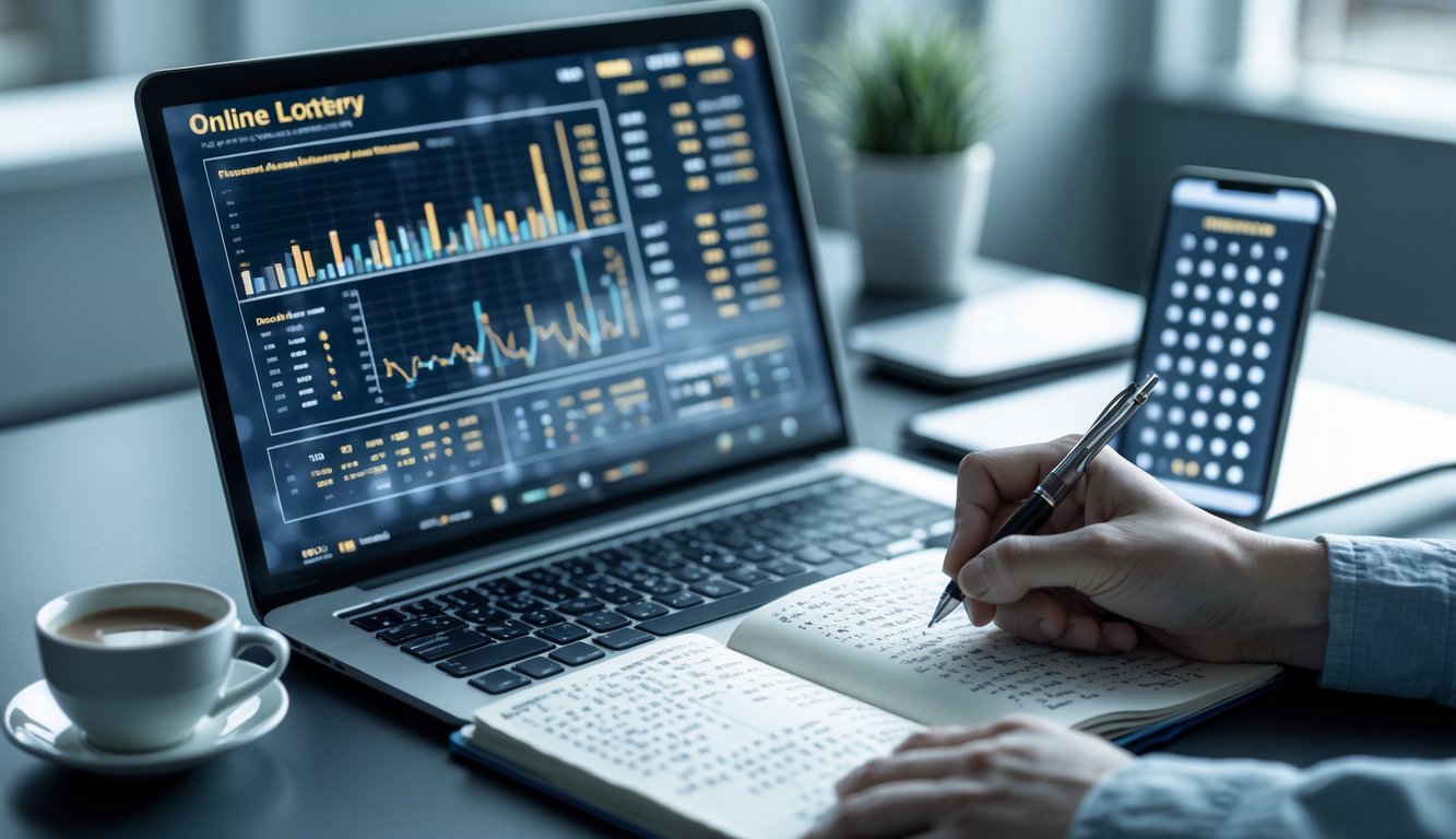 Meja kerja dengan laptop menampilkan data angka dan tangan memegang pena di atas buku catatan berisi perhitungan, dengan kopi dan ponsel di sampingnya.