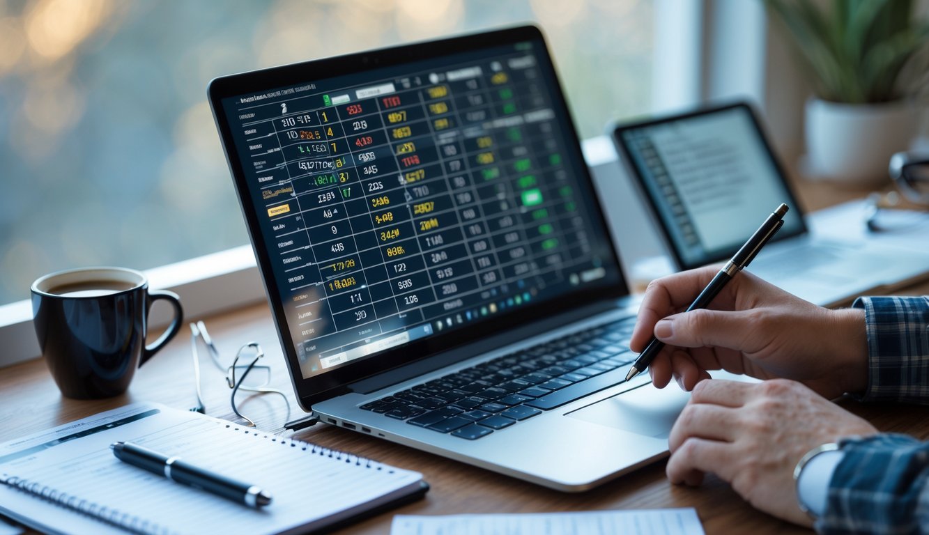 Meja kerja dengan laptop, catatan, kalkulator, dan tangan yang memegang pulpen sedang menganalisis angka togel online.
