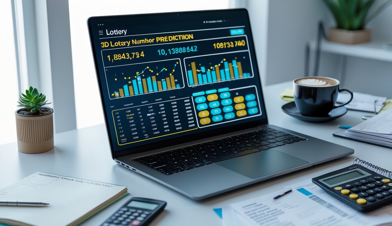 Meja kerja modern dengan laptop yang menampilkan data angka dan grafik, kalkulator, catatan, dan secangkir kopi.