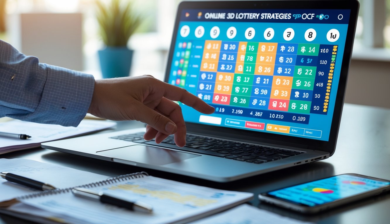 Seseorang sedang menggunakan laptop dengan tampilan angka togel 3D dan catatan di meja kerja.