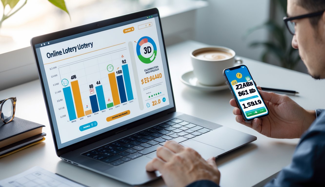 Seorang profesional sedang menganalisis data togel online di meja kerja dengan laptop dan ponsel.